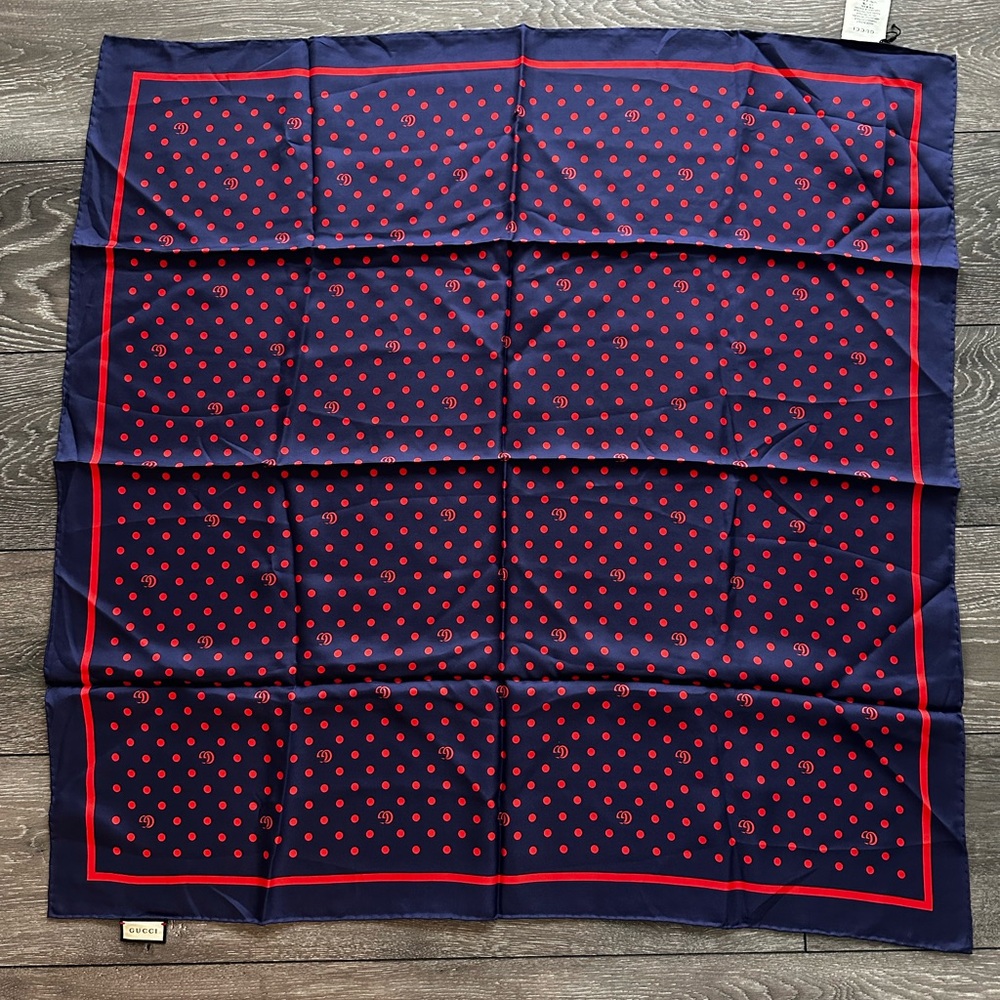 Brand New Gucci Navy and Red Polka Dot silk Scarf